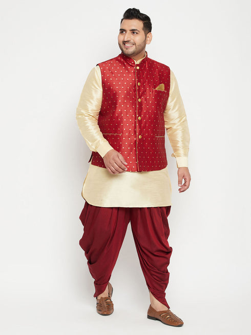 Vastramay Men's Plus Size Gold Zari Weaved Nehru Jacket With Curved Kurta Dhoti set